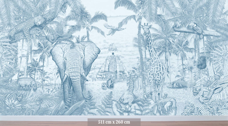 Kinderkamer getekend behang jungle dieren giraffen krijt luchtblauw