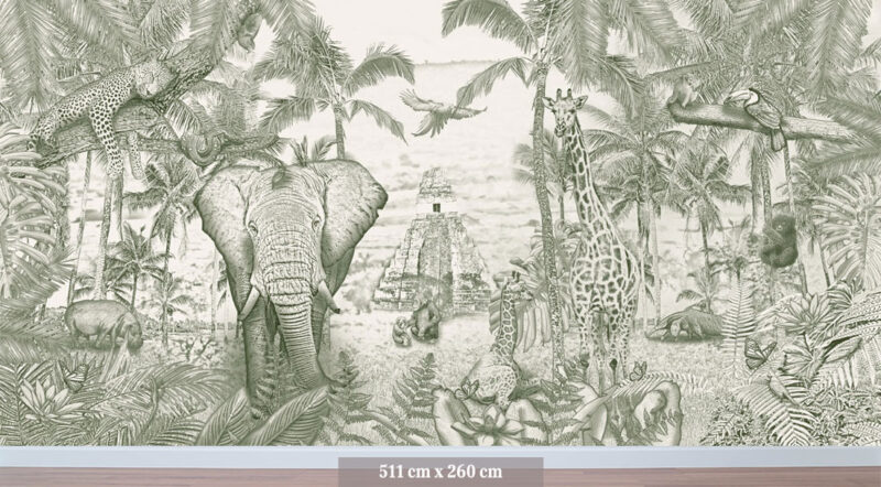 Kinderkamer getekend behang jungle dieren giraffen krijt mosgroen