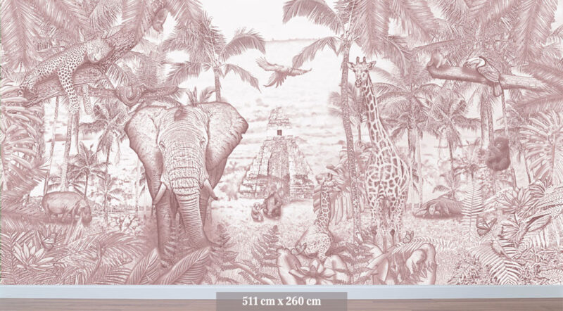 Kinderkamer getekend behang jungle dieren giraffen krijt oudroze