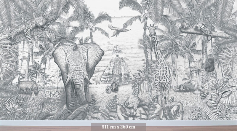 Kinderkamer getekend behang jungle dieren giraffen krijt potloodgrijs