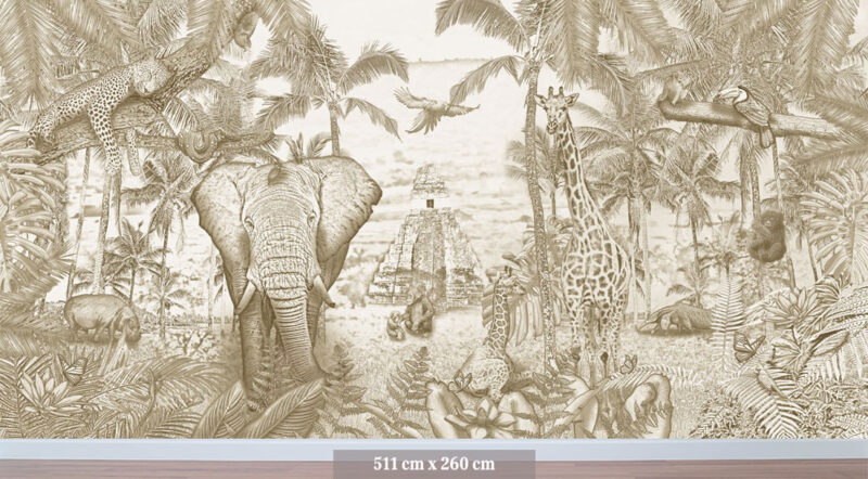 Kinderkamer getekend behang jungle dieren giraffen krijt zandbruin