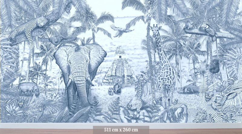 Kinderkamer getekend behang jungle dieren giraffen krijt zeeblauw