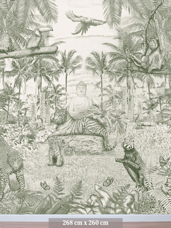 Kinderkamer en babykamer getekend behang jungle dieren tijger krijt mosgroen