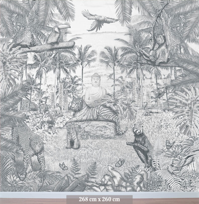 Kinderkamer en babykamer getekend behang jungle dieren tijger krijt potloodgrijs