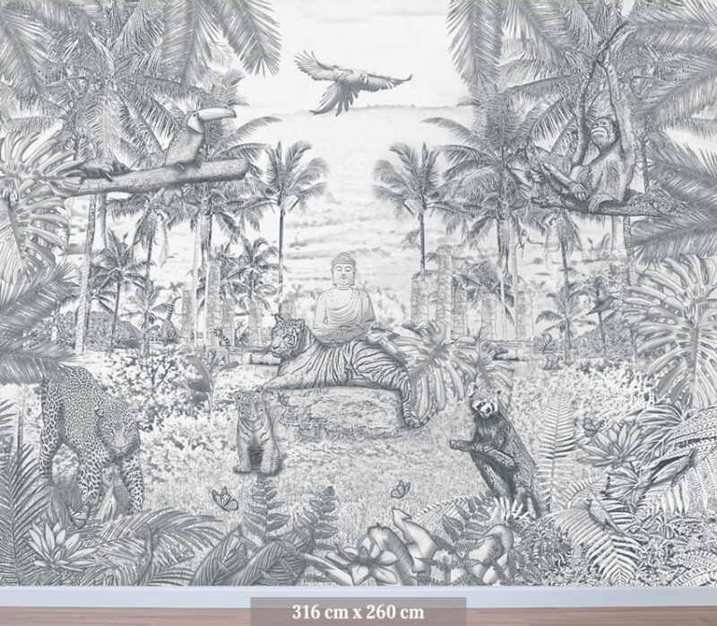 Kinderkamer en babykamer getekend behang jungle dieren tijger krijt potloodgrijs