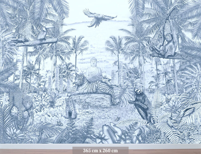 Kinderkamer getekend behang jungle dieren tijger krijt zeeblauw