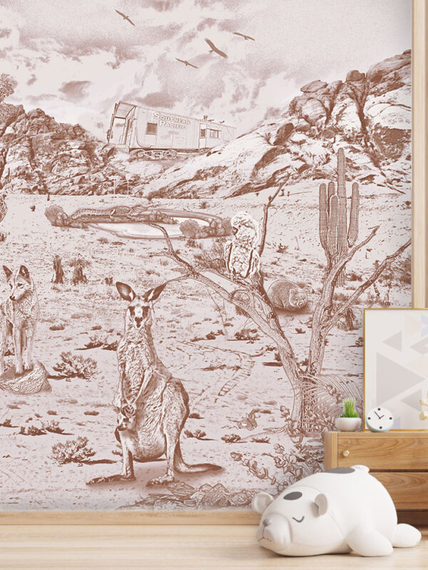 Kinderkamer getekend behang Australische dieren krijt bruin
