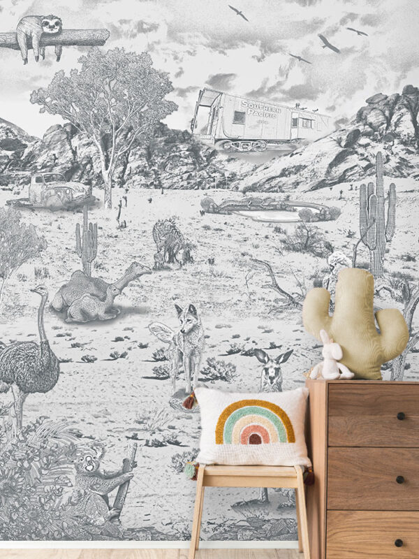 Kinderkamer getekend behang Australische dieren krijt potloodgrijs