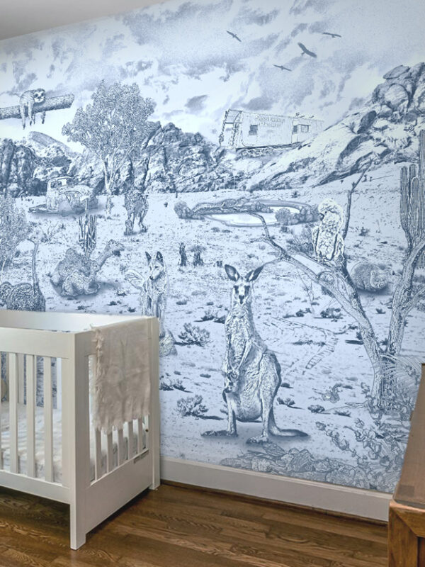 Kinderkamer getekend behang Australische dieren krijt zeeblauw