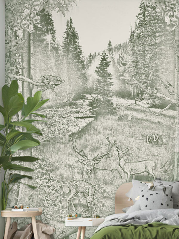 Kinderkamer getekend behang bosdieren krijt mosgroen