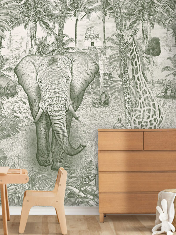 Kinderkamer getekend behang jungle dieren krijt mosgroen