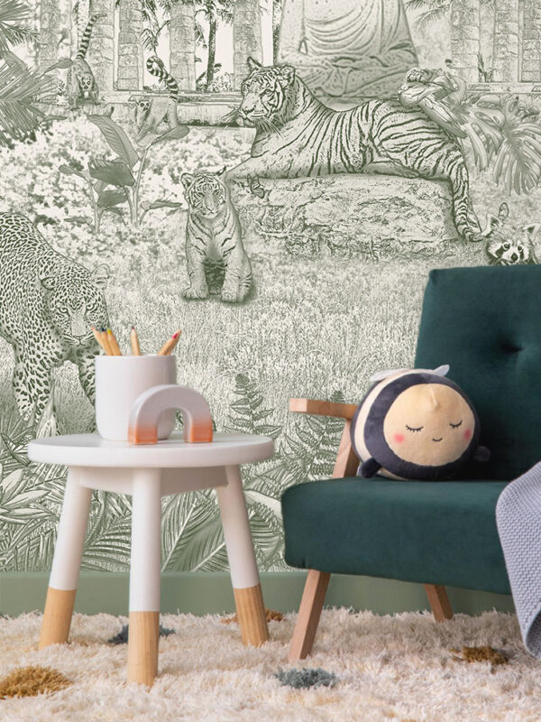 Kinderkamer getekend behang jungle dieren krijt mosgroen
