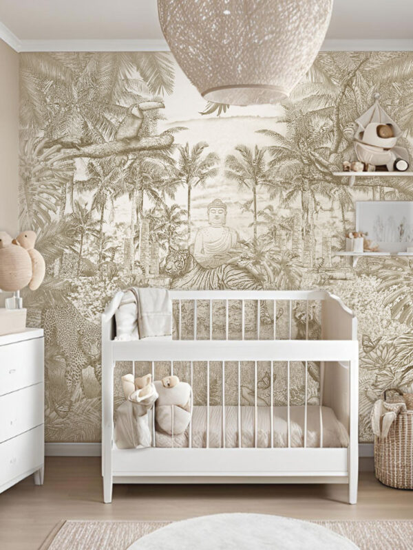 Kinderkamer getekend behang jungle dieren krijt zandbruin