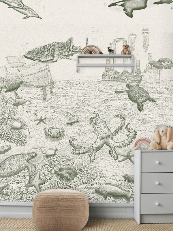 Kinderkamer getekend behang zeedieren krijt mosgroen