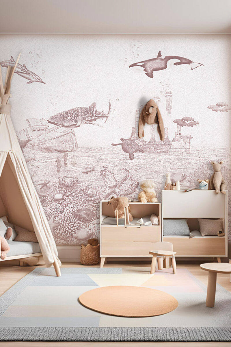 Kinderkamer getekend behang zeedieren krijt oudroze