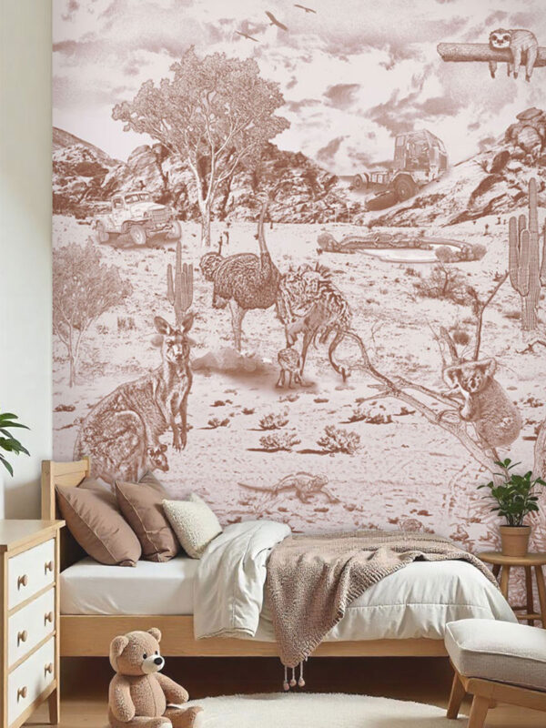 Kinderkamer getekend behang Australische dieren koala's krijt bruin