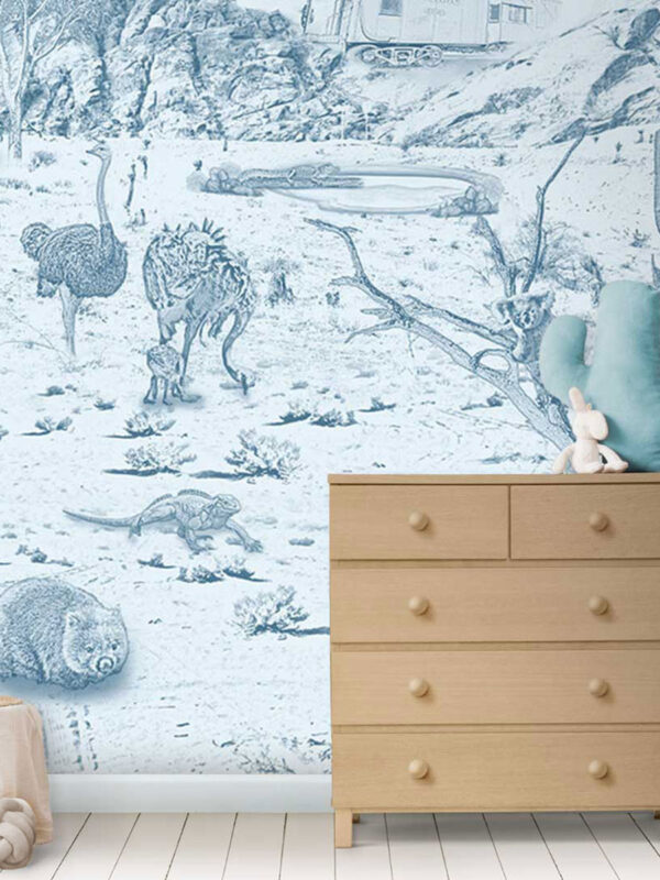 Kinderkamer getekend behang Australische dieren koala's krijt luchtblauw
