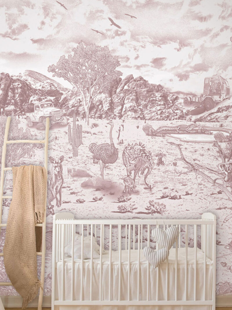 Kinderkamer getekend behang Australische dieren koala's krijt oudroze