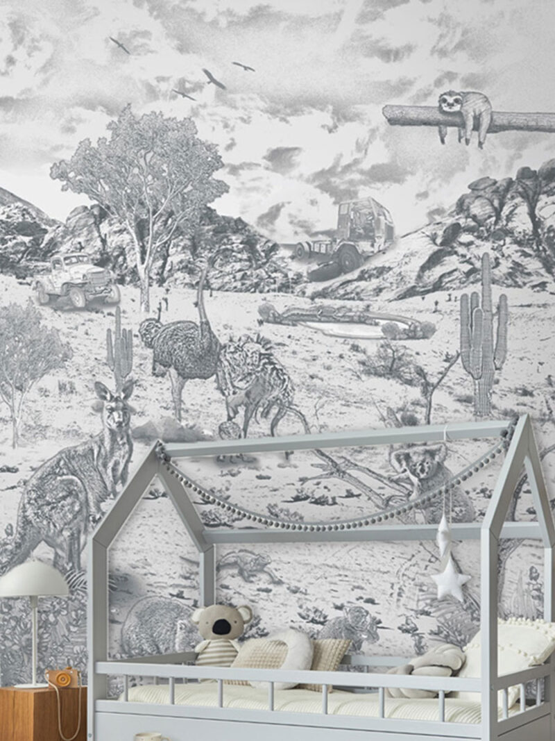 Kinderkamer en babykamer getekend behang Australische dieren koala's krijt potloodgrijs