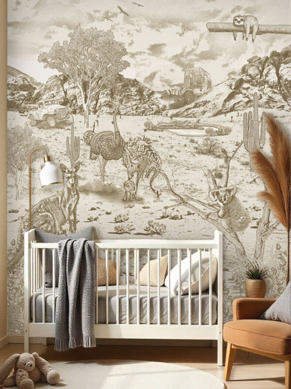 Kinderkamer getekend behang Australische dieren koala's krijt zandbruin