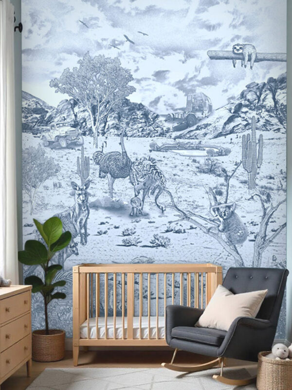 Kinderkamer getekend behang Australische dieren koala's krijt zeeblauw