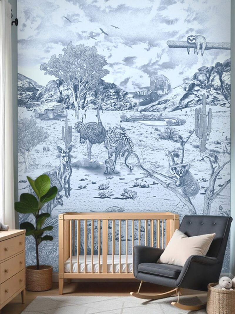 Kinderkamer en babykamer getekend behang Australische dieren koala's krijt zeeblauw