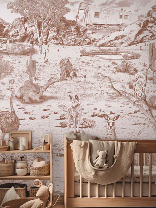Kinderkamer getekend behang Australische dieren struisvogels krijt bruin