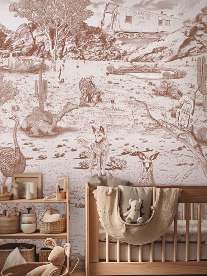 Kinderkamer getekend behang Australische dieren struisvogels krijt bruin