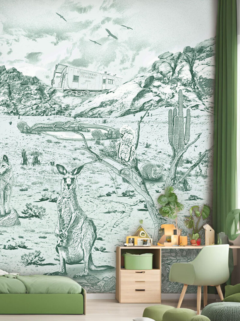 Kinderkamer getekend behang Australische dieren struisvogels krijt diepgroen