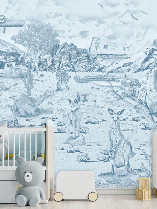 Kinderkamer en babykamer getekend behang Australische dieren struisvogels krijt luchtblauw