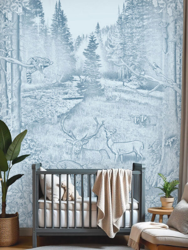 Kinderkamer en babykamer getekend behang bosdieren herten krijt luchtblauw