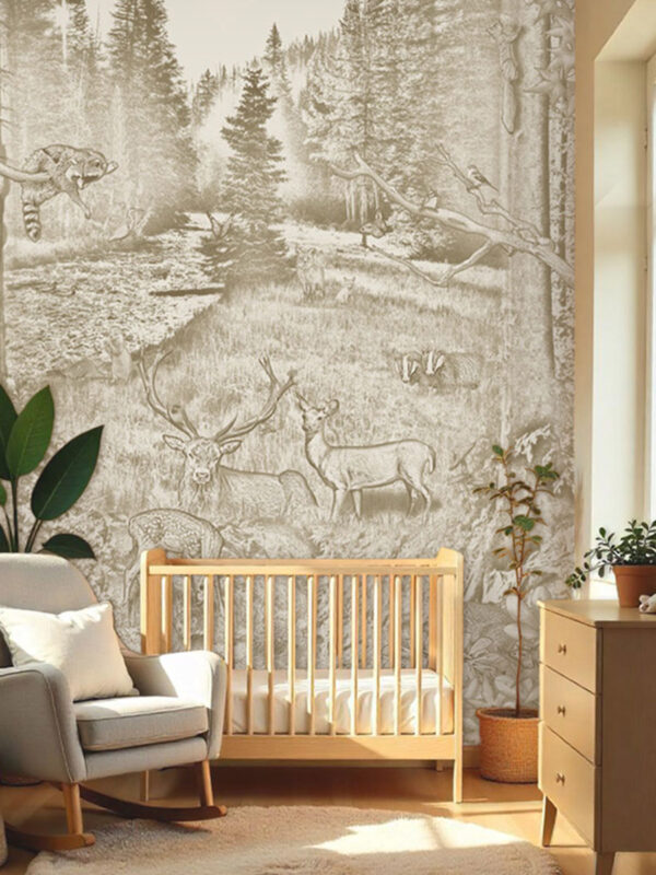 Kinderkamer getekend behang bosdieren herten krijt zandbruin