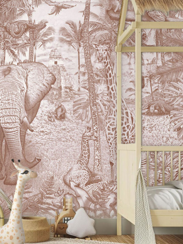 Kinderkamer getekend behang jungle dieren giraffen krijt bruin