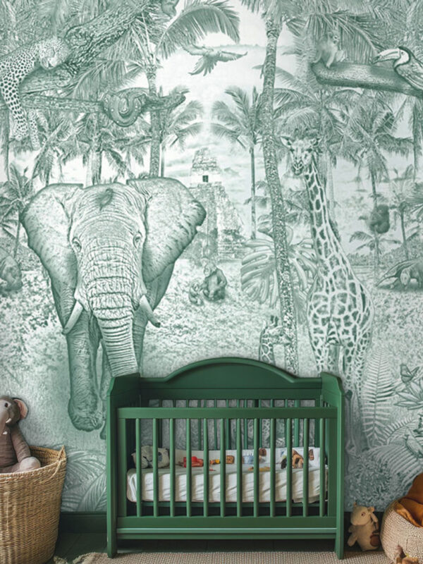 Kinderkamer getekend behang jungle dieren giraffen krijt diepgroen