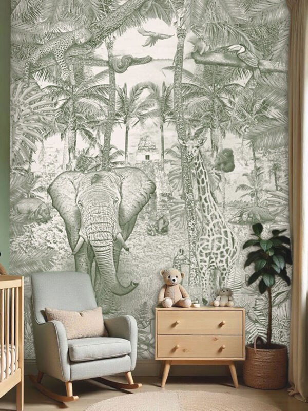 Kinderkamer en babykamer getekend behang jungle dieren giraffen krijt mosgroen