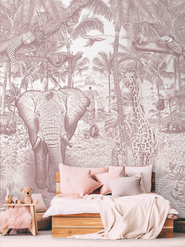 Kinderkamer getekend behang jungle dieren giraffen krijt oudroze