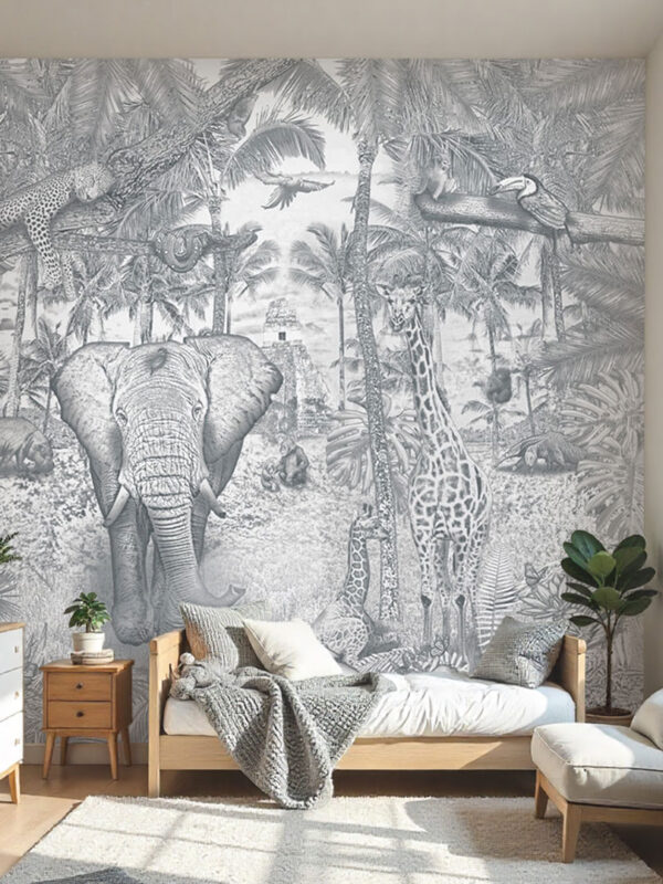 Kinderkamer getekend behang jungle dieren giraffen krijt potloodgrijs