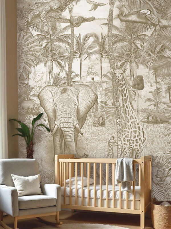 Kinderkamer getekend behang jungle dieren giraffen krijt zandbruin