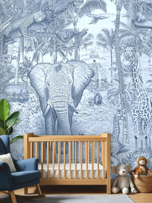 Kinderkamer getekend behang jungle dieren giraffen krijt zeeblauw
