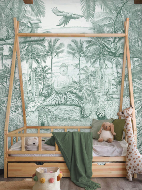 Kinderkamer getekend behang jungle dieren tijger krijt diepgroen