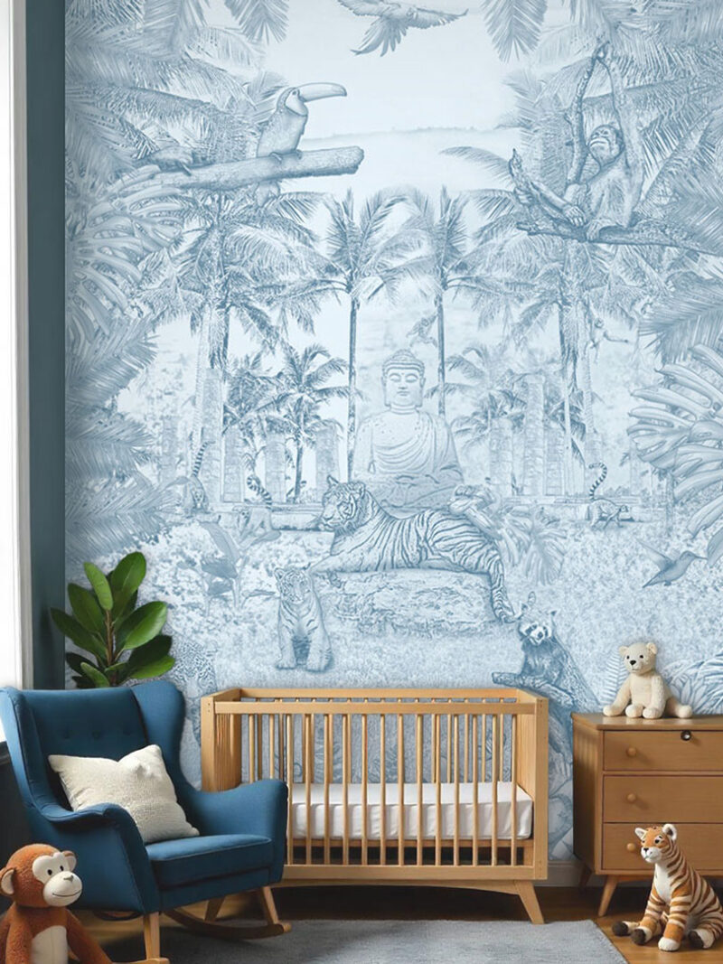 Kinderkamer getekend behang jungle dieren tijger krijt luchtblauw