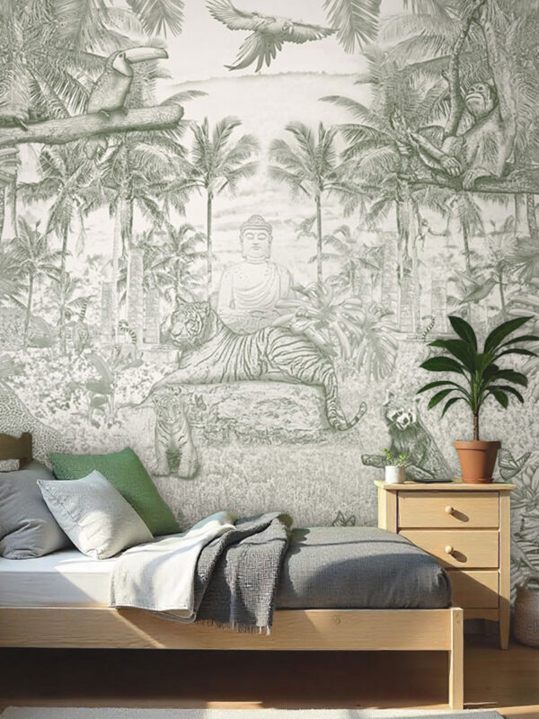 Kinderkamer en babykamer getekend behang jungle dieren tijger krijt mosgroen