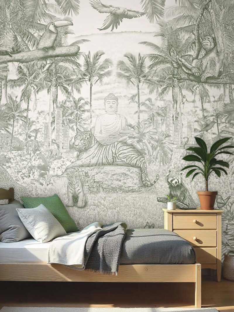 Kinderkamer getekend behang jungle dieren tijger krijt mosgroen