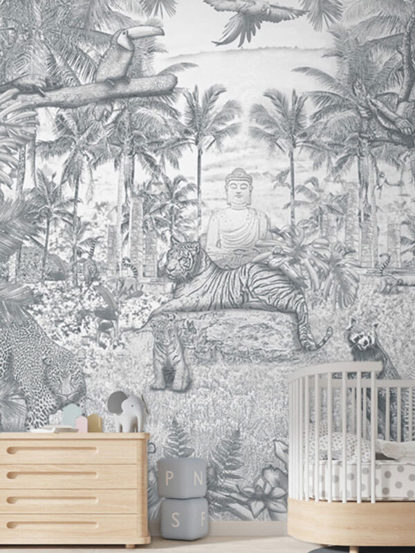 Kinderkamer getekend behang jungle dieren tijger krijt potloodgrijs
