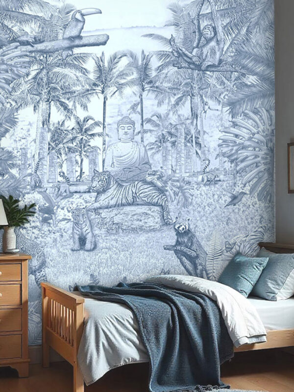 Kinderkamer getekend behang jungle dieren tijger krijt zeeblauw