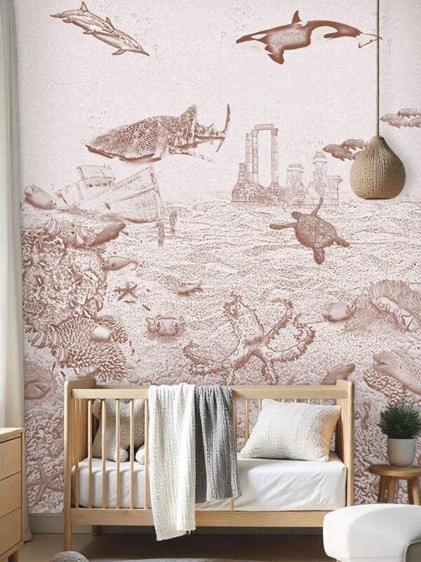 Kinderkamer getekend behang zeedieren orka krijt bruin