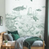 Kinderkamer en babykamer getekend behang zeedieren orka krijt diepgroen