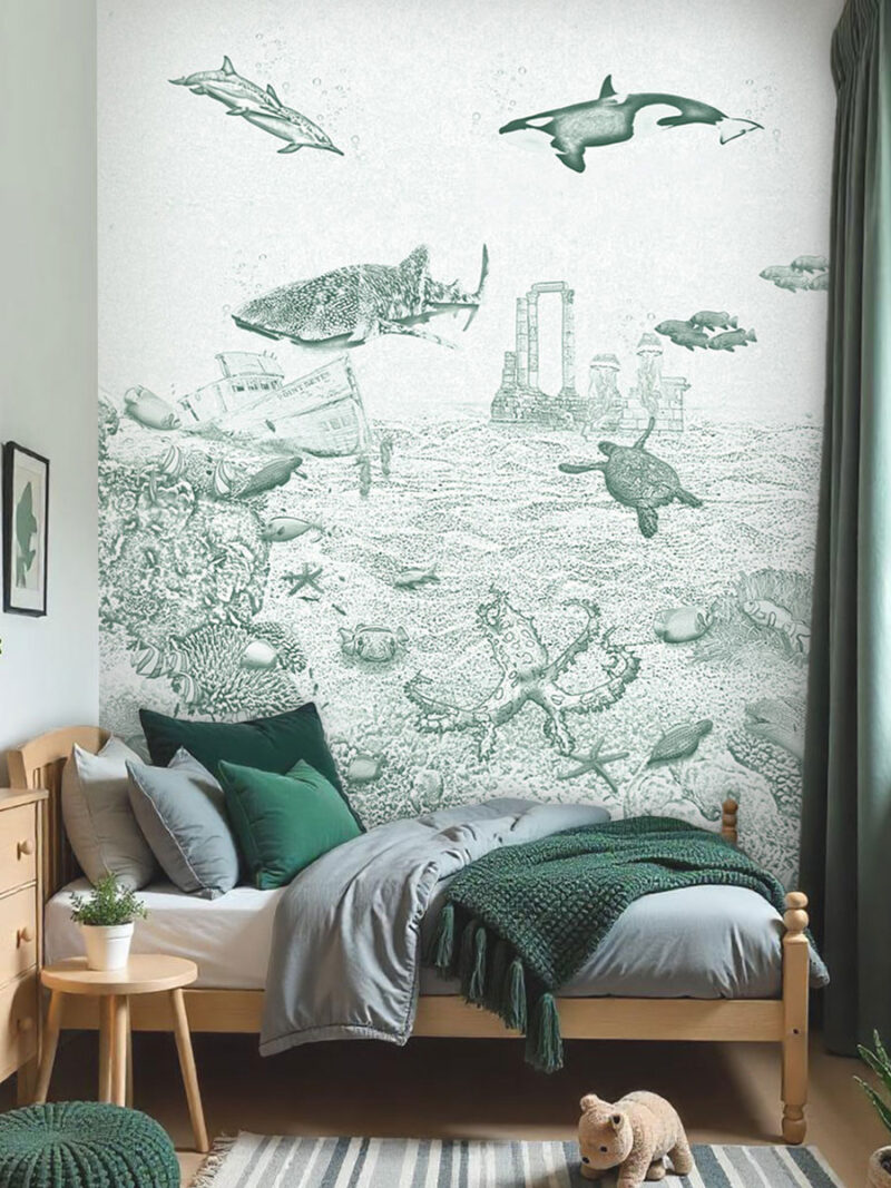 Kinderkamer en babykamer getekend behang zeedieren orka krijt diepgroen