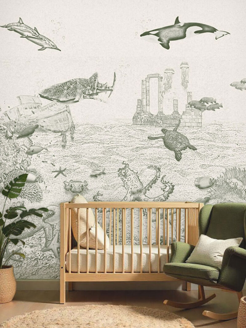 Kinderkamer getekend behang zeedieren orka krijt mosgroen