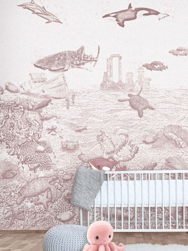 Kinderkamer getekend behang zeedieren orka krijt oudroze